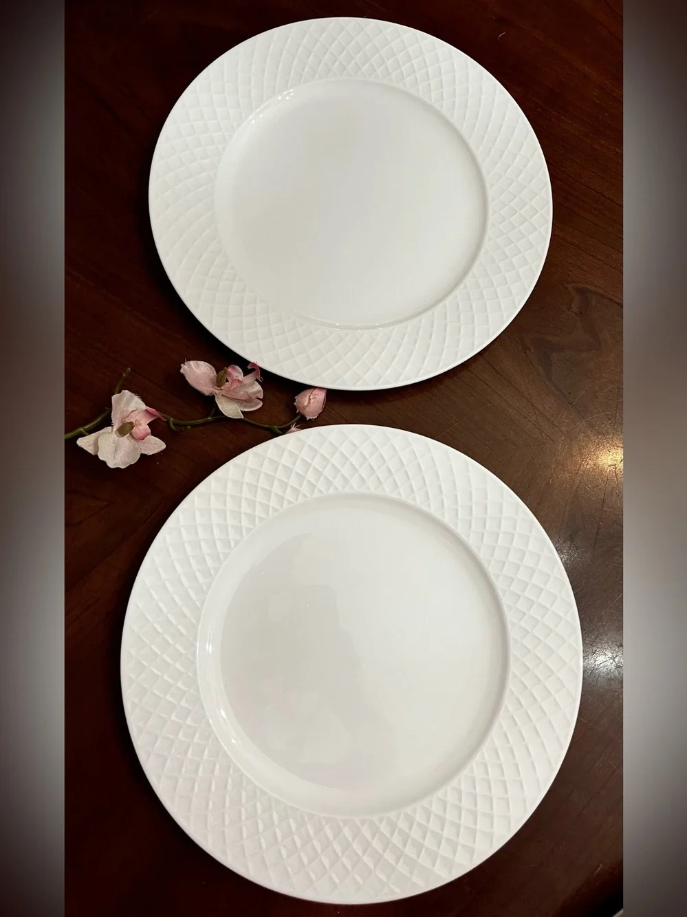 Set of 2 Mikasa Trellis White Bone China Dinner Plates 11” Elegant Lattice Rim